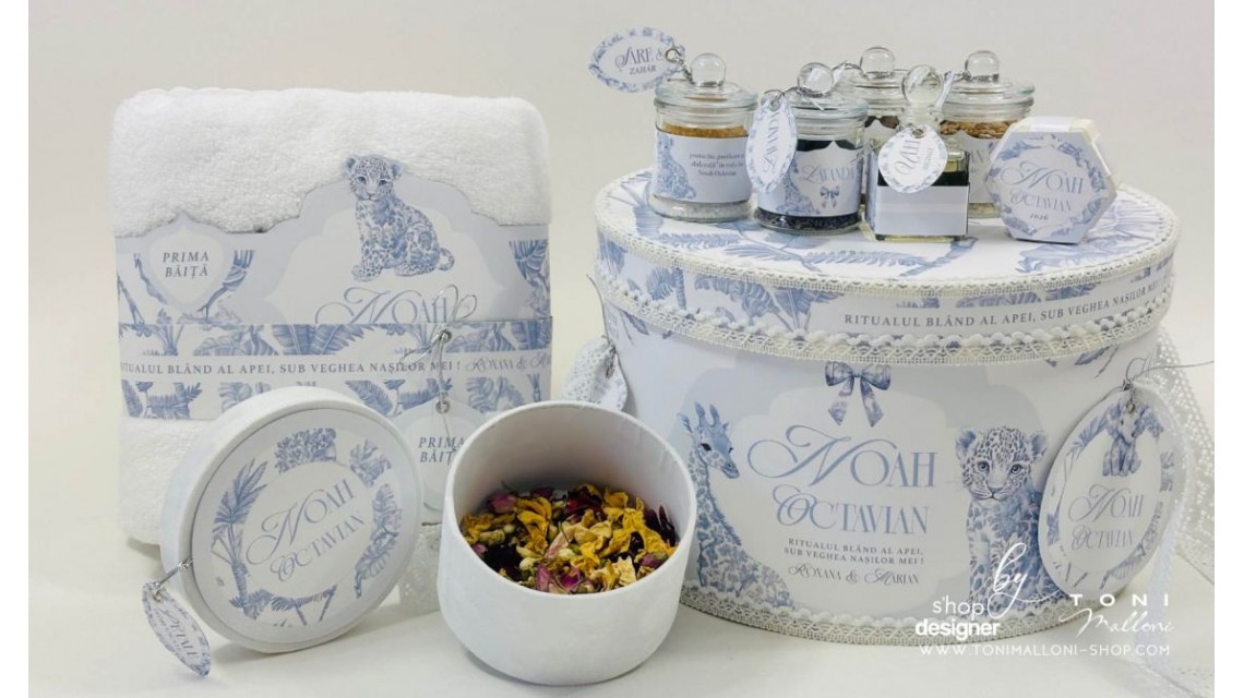 Set prima băiță Safari Blue personalizat băiat ritual după botez cu nașii 22